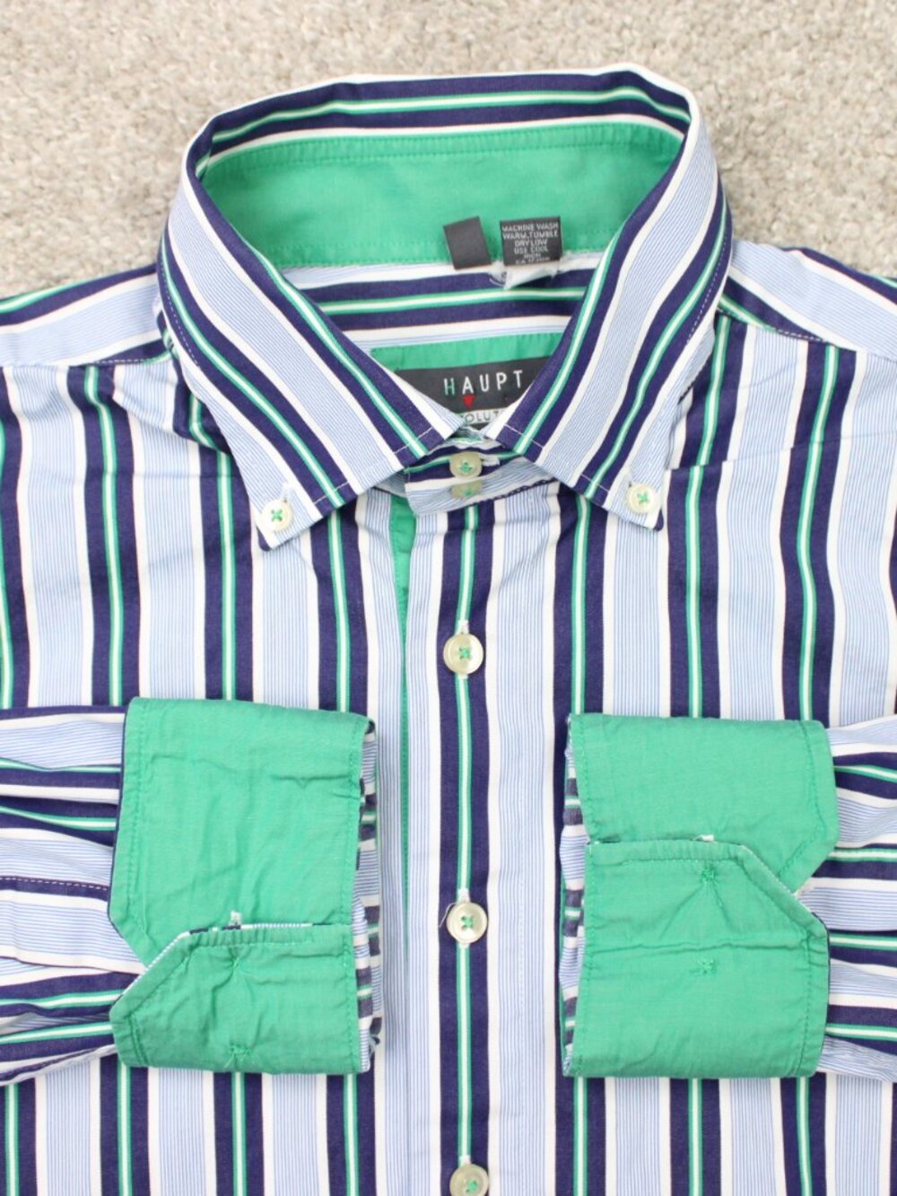 Haupt Evolution Shirt Mens Large 16 1/2, 42 Blue/Green Two Ply Flip Cuff L/S